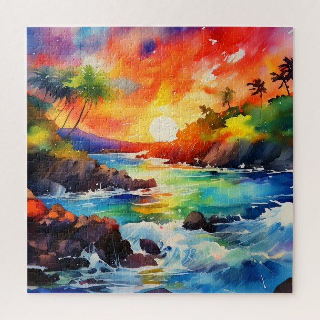 tropical watercolor scene puzzle (Vertical)