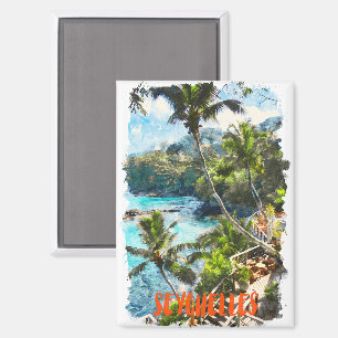 Tropical Watercolor Seychelles Island Painting Magnet
