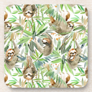 Tropical Watercolor Sloth Pattern Coaster