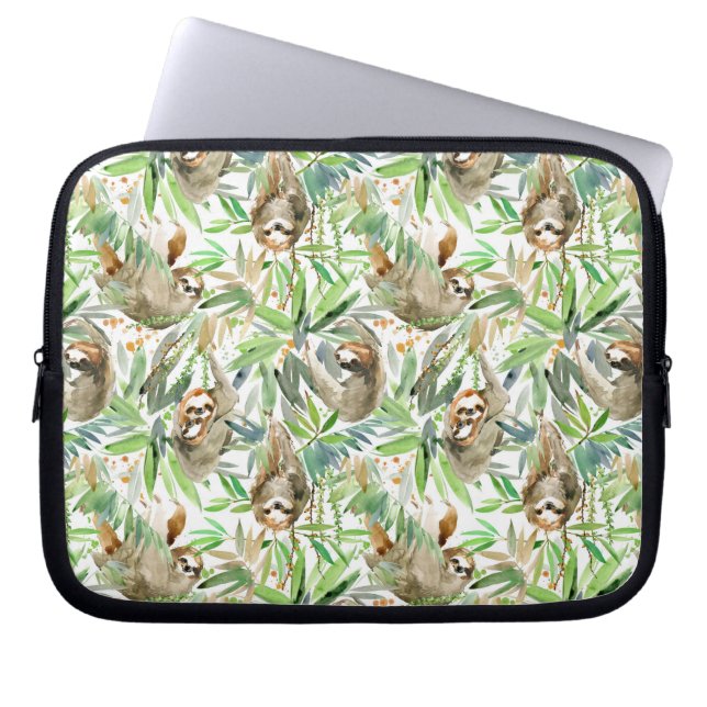 Tropical Watercolor Sloth Pattern Laptop Sleeve (Front)