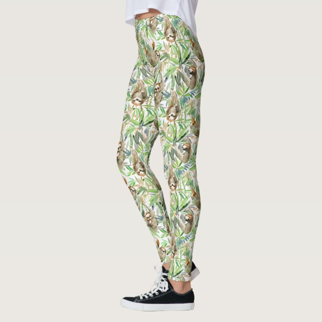 Tropical Watercolor Sloth Pattern Leggings (Left)