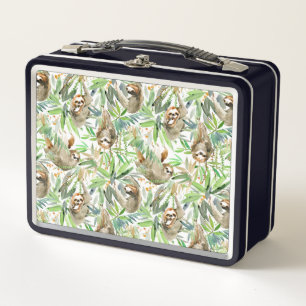 Tropical Watercolor Sloth Pattern Metal Lunch Box
