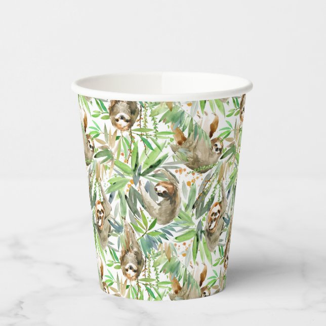 Tropical Watercolor Sloth Pattern Paper Cups (Left)