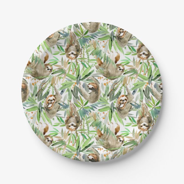 Tropical Watercolor Sloth Pattern Paper Plate (Front)