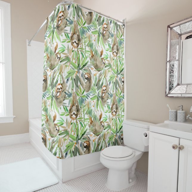 Tropical Watercolor Sloth Pattern Shower Curtain (In Situ)