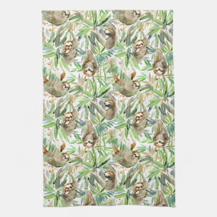 Tropical Watercolor Sloth Pattern Tea Towel