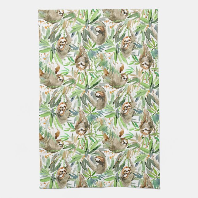 Tropical Watercolor Sloth Pattern Tea Towel (Vertical)