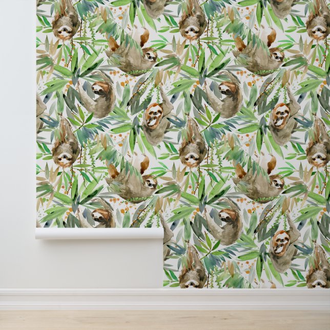 Tropical Watercolor Sloth Pattern Wallpaper (Application)