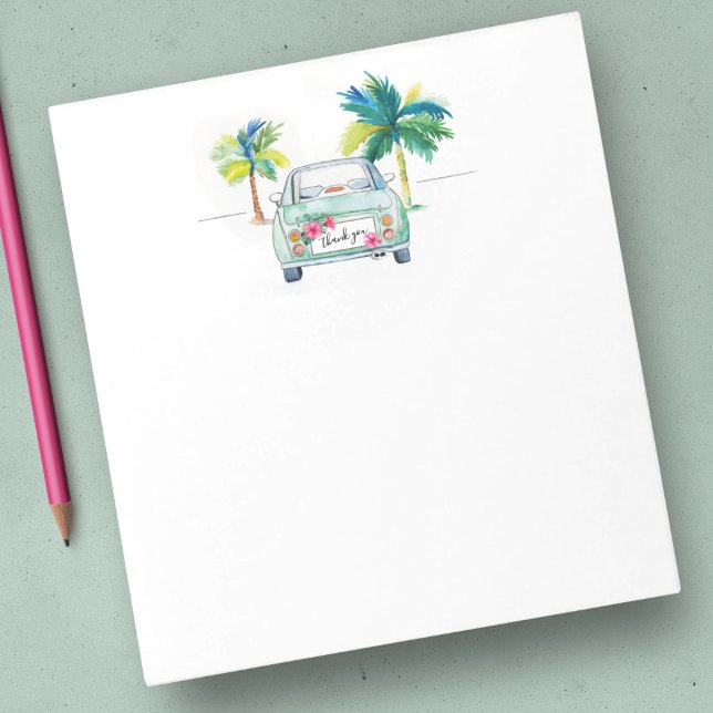 Tropical Watercolor Stationery Palm Trees Car Notepad (Cute notepad thank you watercolor car and palm tree art by Victoria Grigaliunas of Do Tell A Belle)