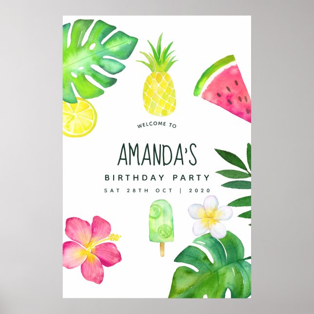 Tropical Watercolor Summer Birthday Poster (Front)