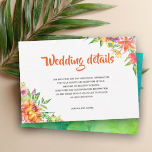 Tropical Watercolor Summer Wedding Details Card