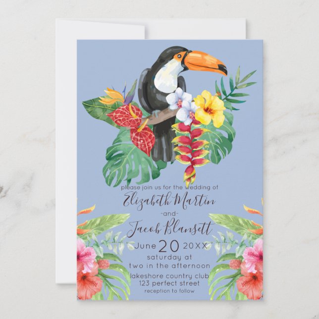 Tropical Watercolor Toucan & Hibiscus Wedding Invitation (Front)