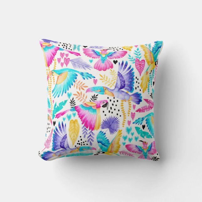 Tropical Watercolor Toucan Jungle Cushion (Front)