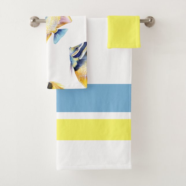 Tropical Watercolor Yellow Fish Bathroom Bath Towel Set (Insitu)