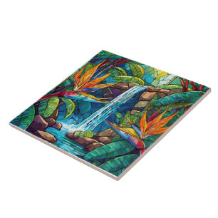 Tropical waterfall and BOP Stained glass art Ceramic Tile