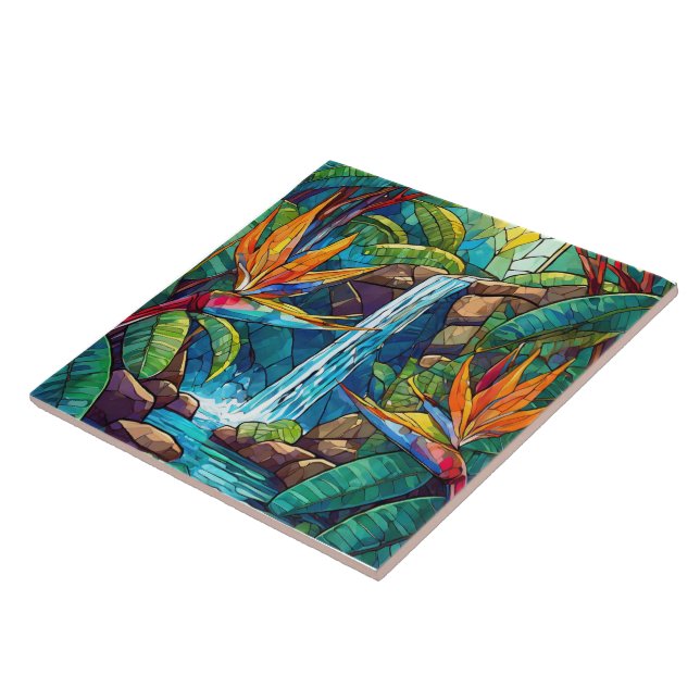 Tropical waterfall and BOP Stained glass art Ceramic Tile (Side)
