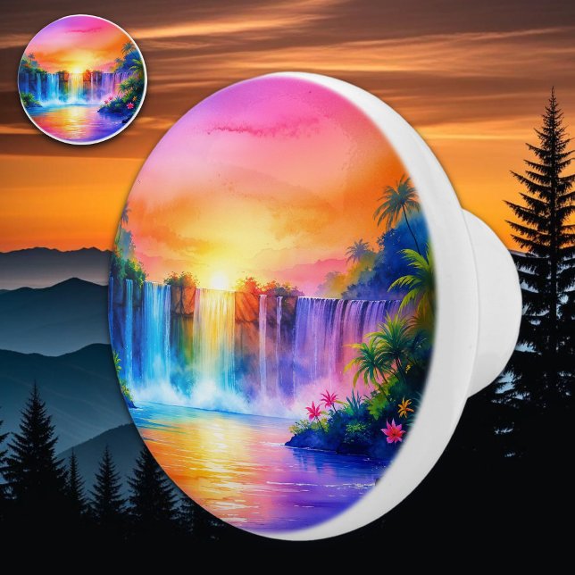 Tropical Waterfall at Sunset Watercolor Ceramic Knob (Creator Uploaded)