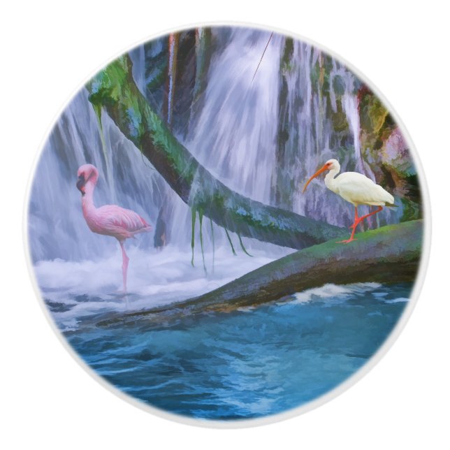Tropical Waterfall, Flamingo, and Ibis Ceramic Knob (Front)