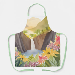 Tropical Waterfall   Floral Watercolor Landscape Apron