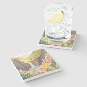 Tropical Waterfall   Floral Watercolor Landscape Stone Coaster
