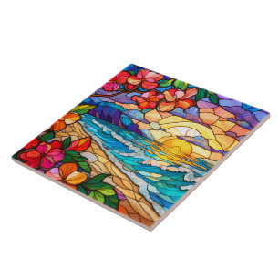 tropical waterfall Stained glass art Ceramic Tile