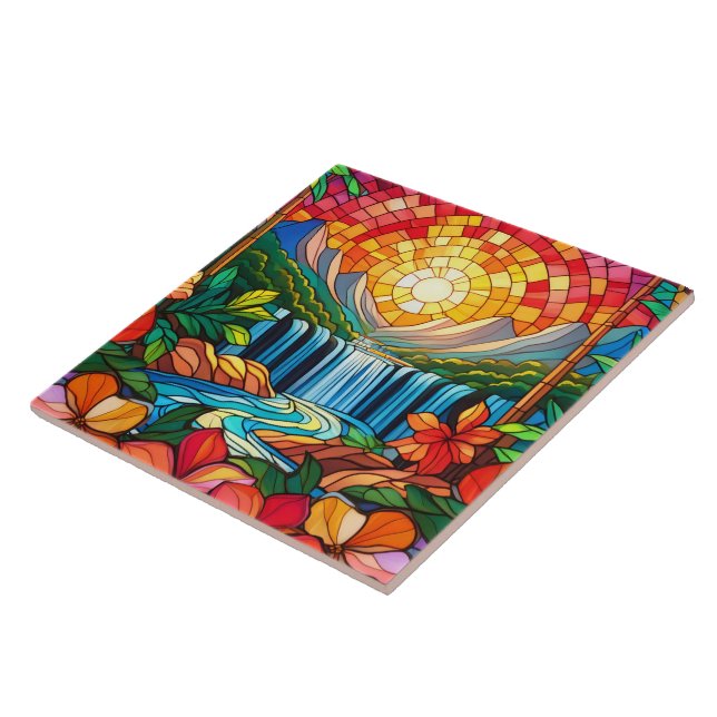 tropical waterfall Stained glass art Ceramic Tile (Side)