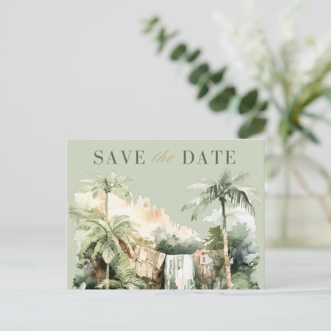 Tropical Waterfall Wedding Save the Date  Announcement Postcard (Standing Front)