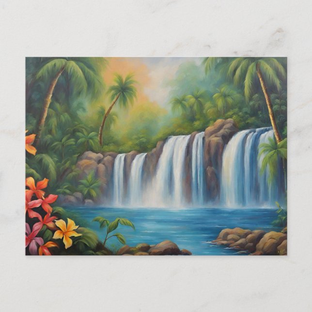 Tropical Waterfall with Flowers  Postcard (Front)