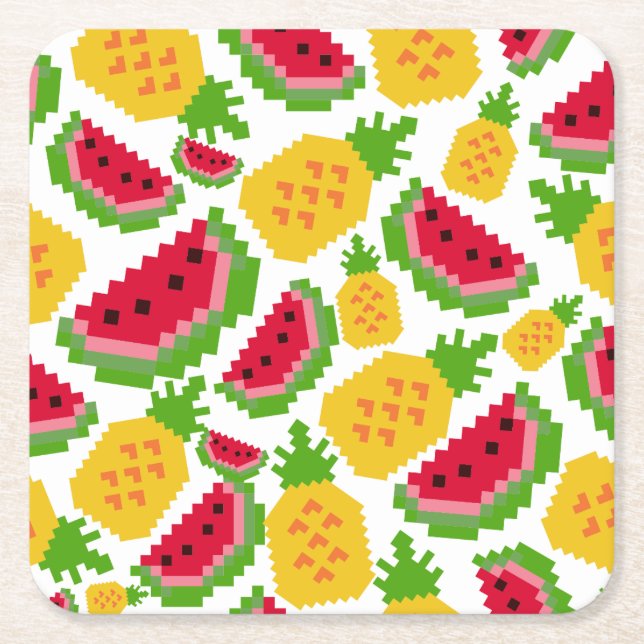 Tropical Watermelon and Pineapple Pixel Pattern Square Paper Coaster (Front)