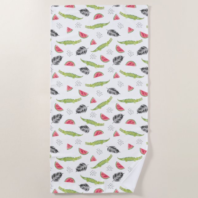 Tropical Watermelon & Crocodile Pattern Beach Towel (Front)
