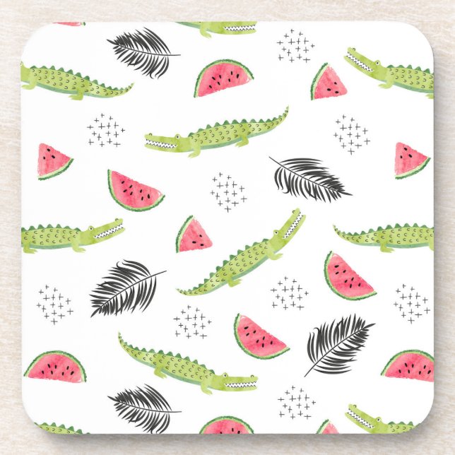 Tropical Watermelon & Crocodile Pattern Coaster (Front)