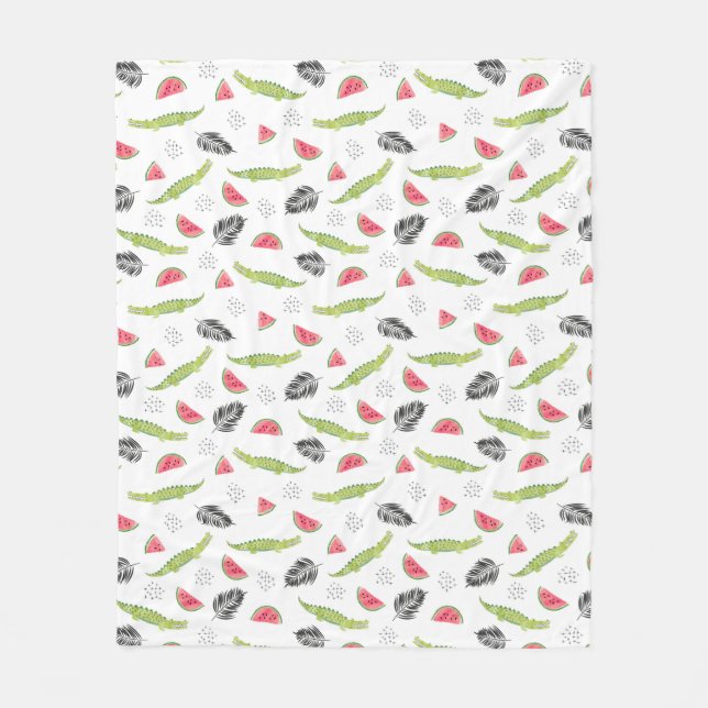 Tropical Watermelon & Crocodile Pattern Fleece Blanket (Front)