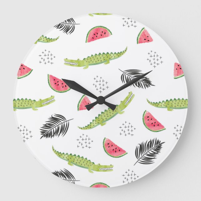 Tropical Watermelon & Crocodile Pattern Large Clock (Front)