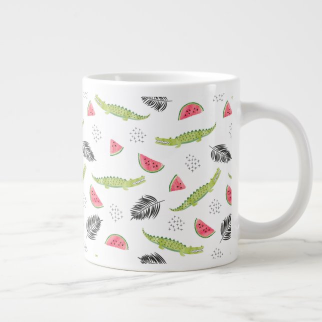 Tropical Watermelon & Crocodile Pattern Large Coffee Mug (Right)