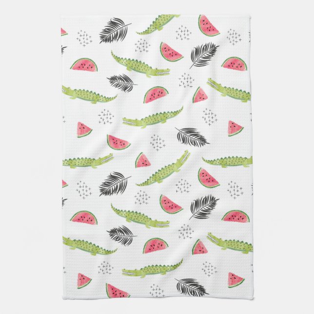 Tropical Watermelon & Crocodile Pattern Tea Towel (Vertical)