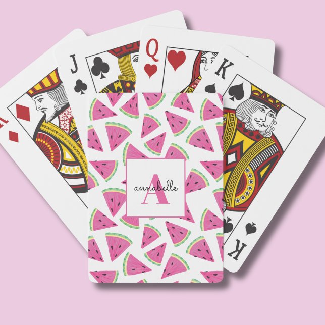 Tropical Watermelon Monogram Playing Cards (Tropical watermelon pattern personalized playing cards)