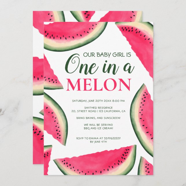 Tropical watermelon watercolor 1st birthday invitation (Front/Back)