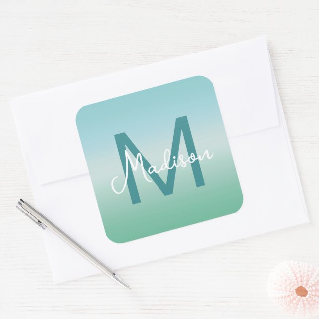 Tropical Waters Gradient Monogram Name  Square Sticker (Envelope)