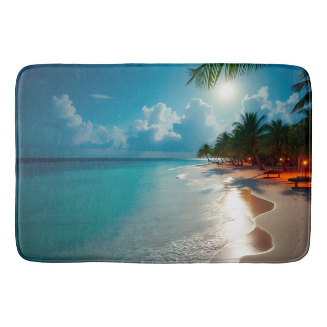 Tropical Waves Blue cloudy sky beach Bath Mat (Front)
