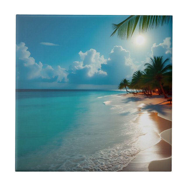 Tropical Waves Blue cloudy sky beach Ceramic Tile (Front)