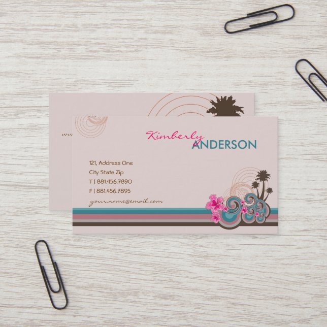 Tropical Waves Hot Pink Hibiscus Beach Palm Trees Business Card (Front/Back In Situ)
