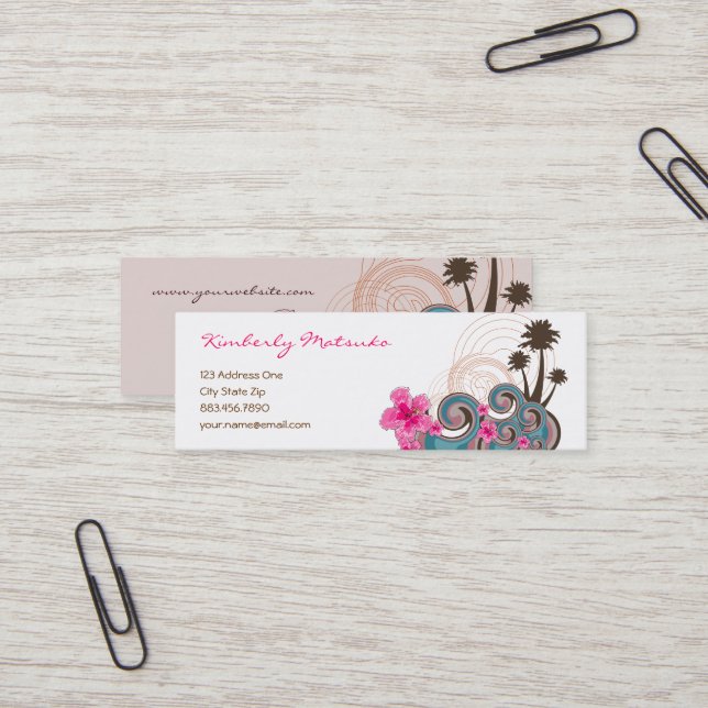 Tropical Waves Hot Pink Hibiscus Beach Palm Trees Mini Business Card (Front/Back In Situ)