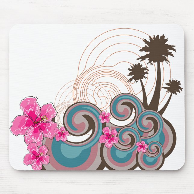 Tropical Waves Hot Pink Hibiscus Beach Palm Trees Mouse Pad (Front)