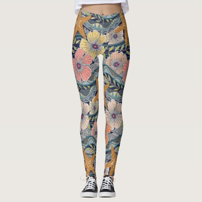 tropical waves navy leggings (Front)