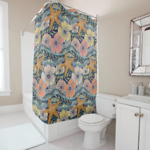 tropical waves navy shower curtain