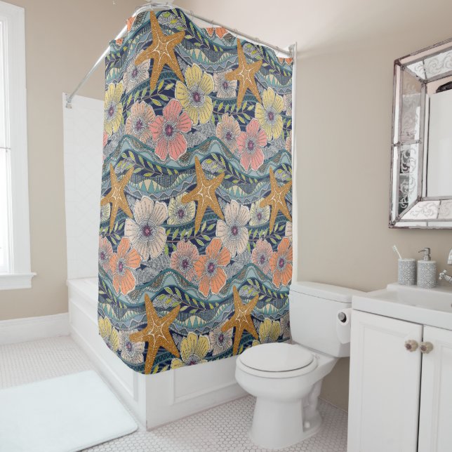 tropical waves navy shower curtain (In Situ)