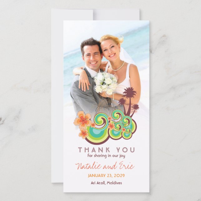 Tropical Waves Orange Hibiscus Beach Wedding Photo Thank You Card (Front)