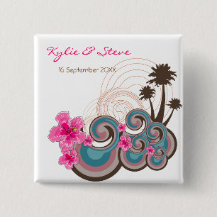 Tropical Waves Pink Hibiscus Beach Wedding Button