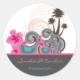 Tropical Waves Pink Hibiscus Destination Wedding Classic Round Sticker