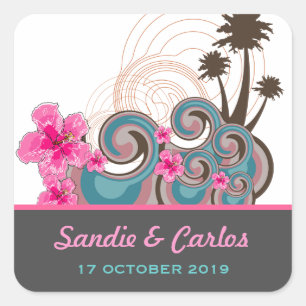 Tropical Waves Pink Hibiscus Destination Wedding Square Sticker